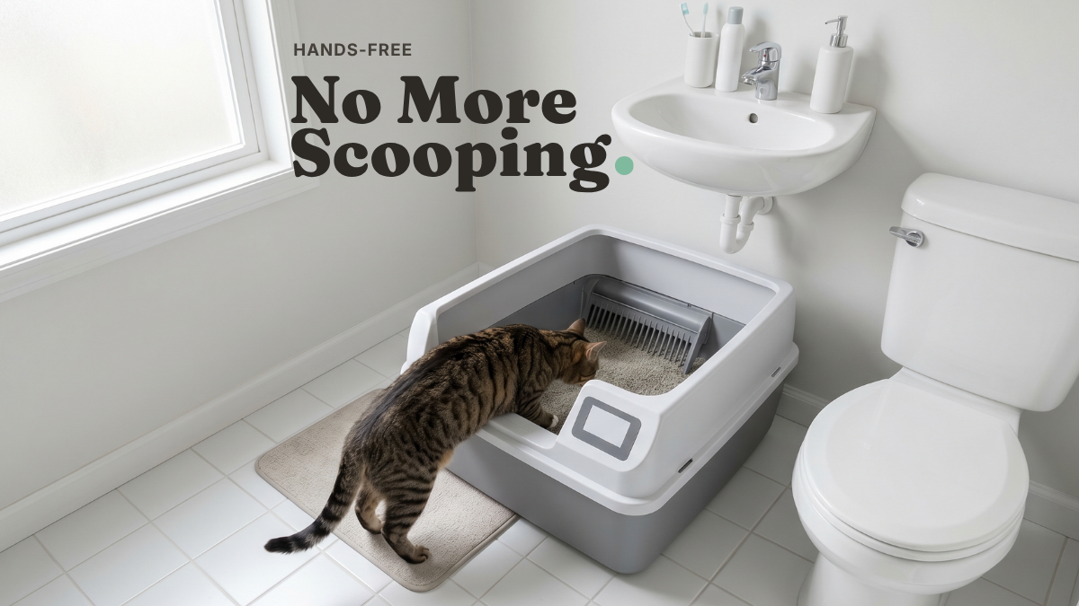 cat stepping into an open-top litter box in a small apartment bathroom