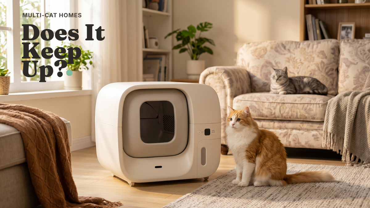 two cats in a living room, one near an automatic litter box