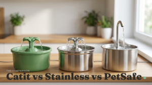 Catit Flower vs Catit Stainless Steel vs PetSafe Drinkwell three pet water fountains comparison