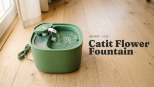 Catit Flower Fountain review 2026 showing 3L green cat water fountain with running water